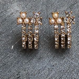 MARCHESA Gold Tone Pave Crystal & Faux Pearl Huggie Hoop Earrings